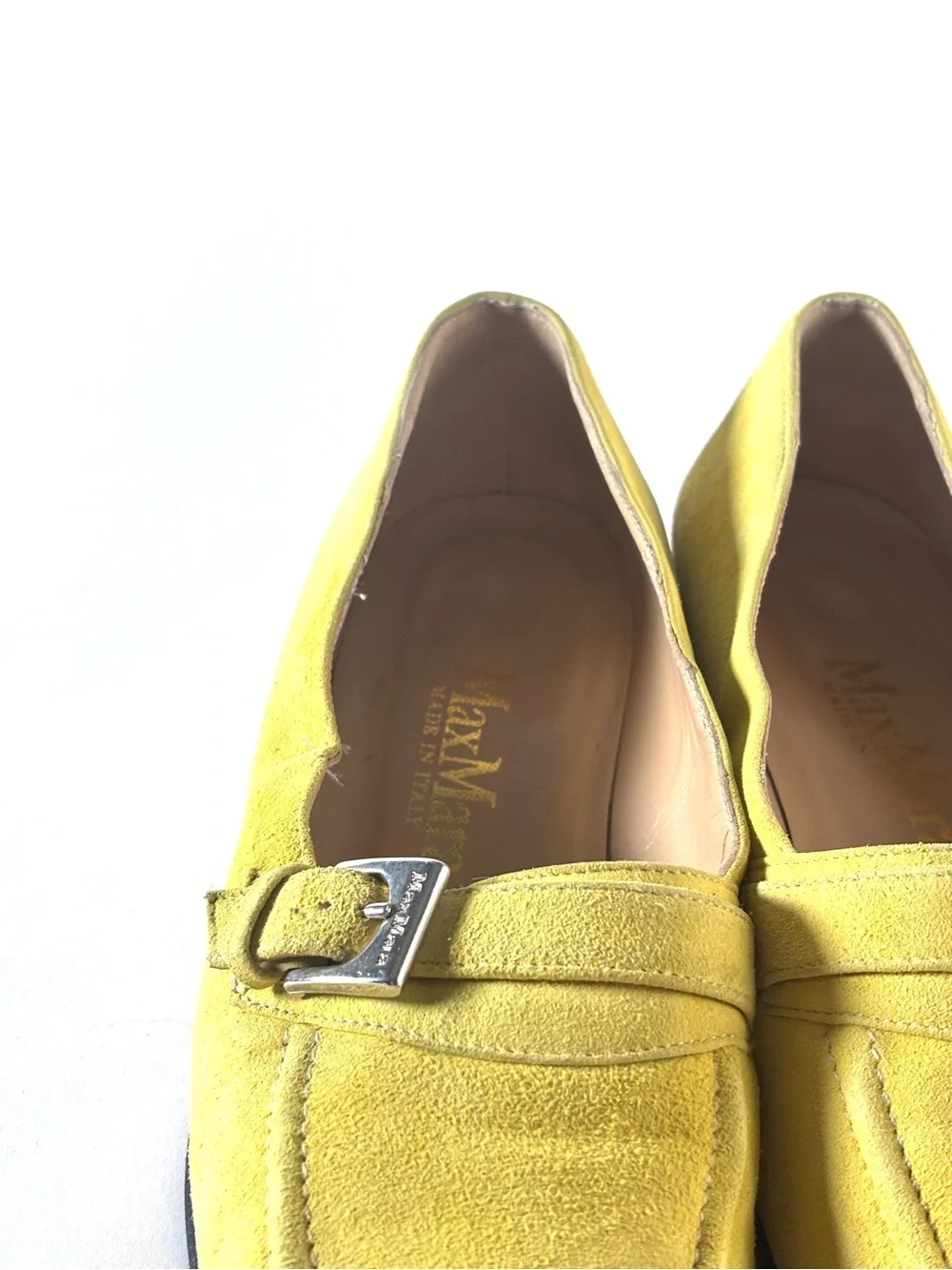 Vintage Max Mara Suede Buckle Loafers Chartreuse Yellow Made in Italy